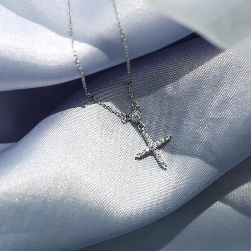 Silver Jesus Cross Pendant Zircon Necklace Ladies Party Jewelry