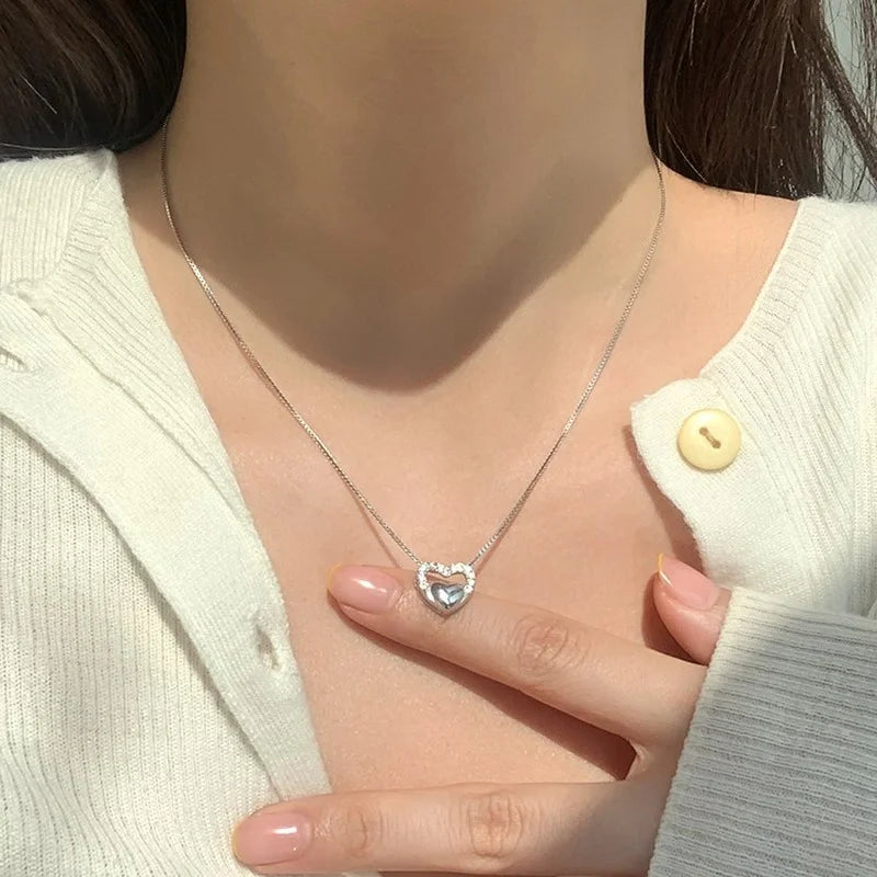 Silver Love Necklace Zircon Pendant Clavicle Chain Jewelry Gift
