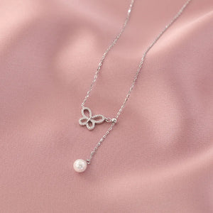 Butterfly Pearl Necklace Silver Zircon Wedding Jewelry