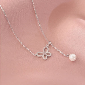 Butterfly Pearl Necklace Silver Zircon Wedding Jewelry