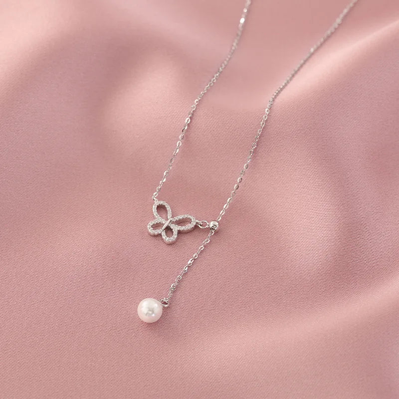 Butterfly Pearl Necklace Silver Zircon Wedding Jewelry