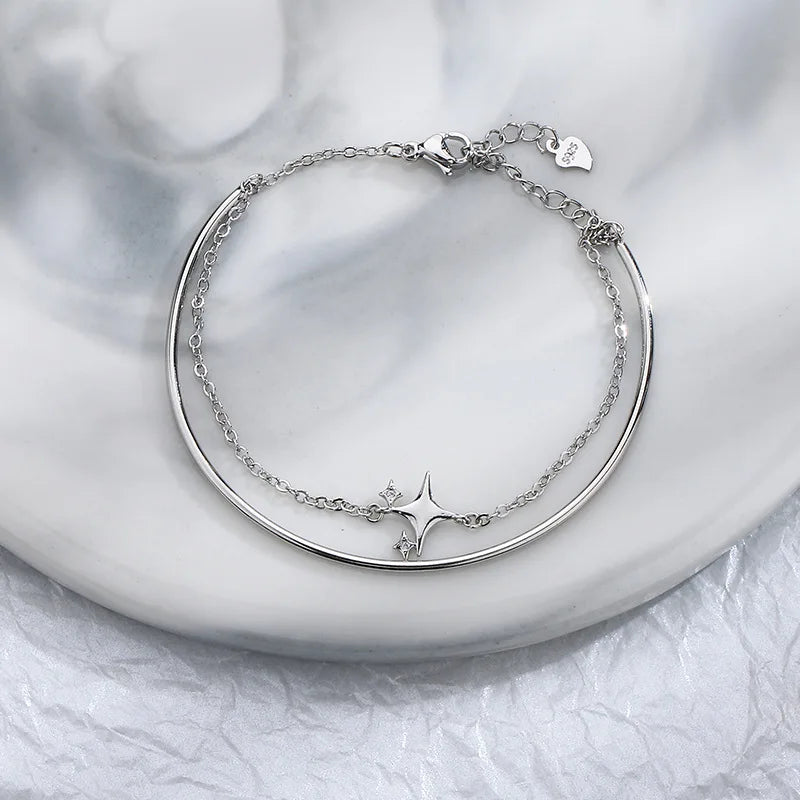 Silver Women's Four Star Bracelet Double Layer Jewelry