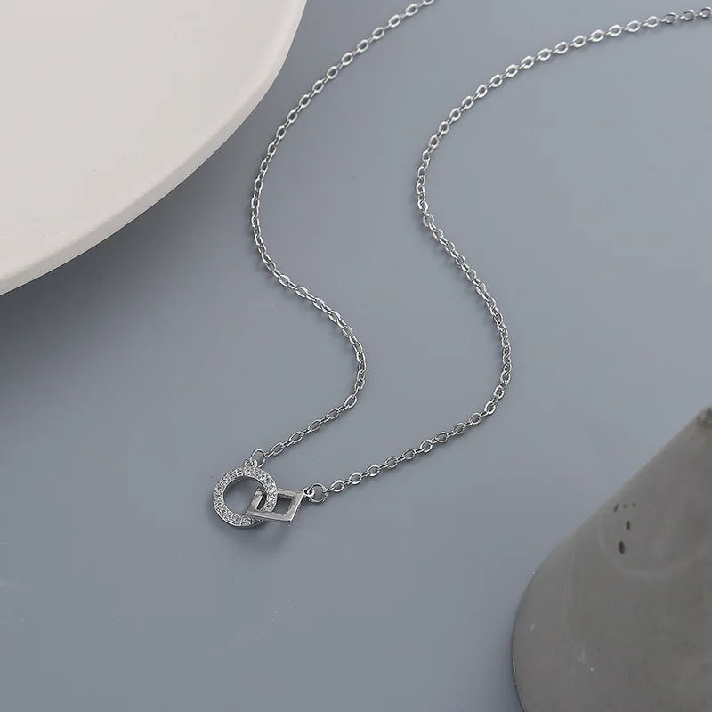 Silver Square Round Zircon Necklace Geometric CZ Chain Jewelry