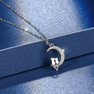 Silver Zircon Moon Cat Necklace Pendant Women's Clavicle Chain Jewelry