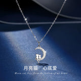 Silver Zircon Moon Cat Necklace Pendant Women's Clavicle Chain Jewelry
