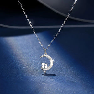 Silver Zircon Moon Cat Necklace Pendant Women's Clavicle Chain Jewelry