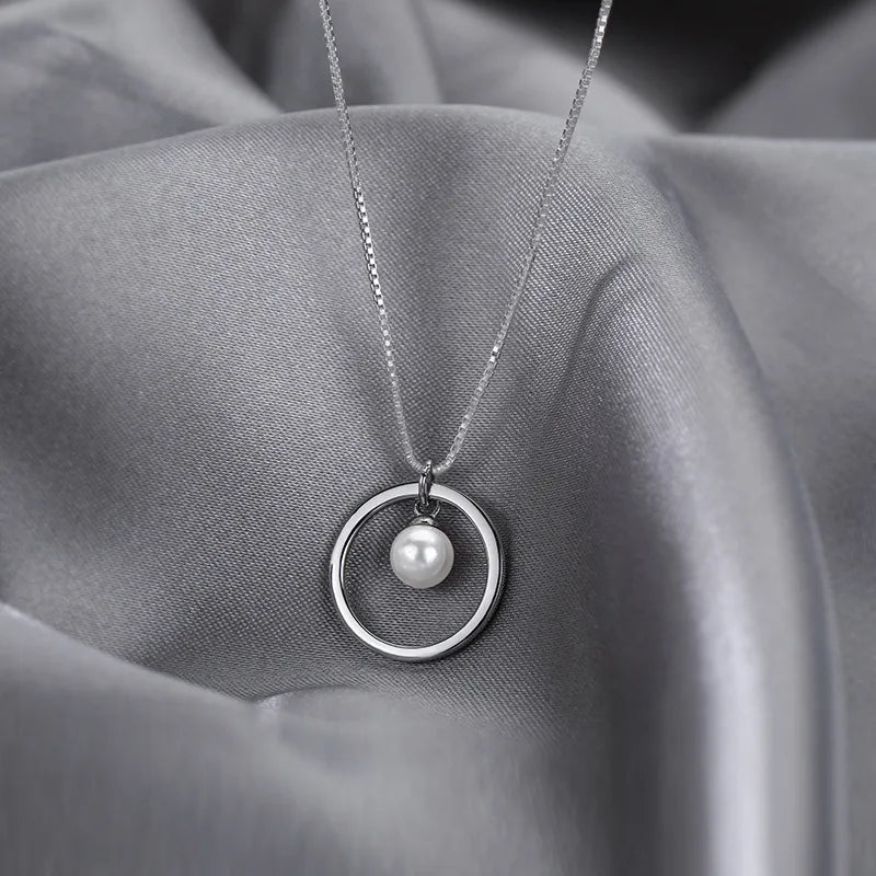 Silver Round Pearl Pendant Necklace for Women Girls Jewelry