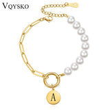 Custom 26 Letter Bracelet Half Pearl Half Chain Round Pendant Freshwater Pearl