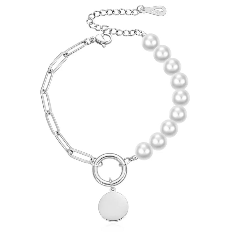 Custom 26 Letter Bracelet Half Pearl Half Chain Round Pendant Freshwater Pearl
