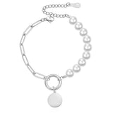 Custom 26 Letter Bracelet Half Pearl Half Chain Round Pendant Freshwater Pearl