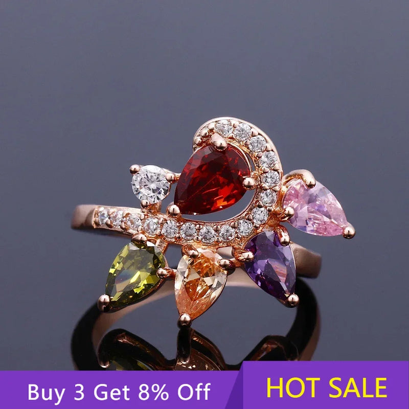Rose Gold 4-Leaf Clover Crystal Ring Zirconia Jewelry