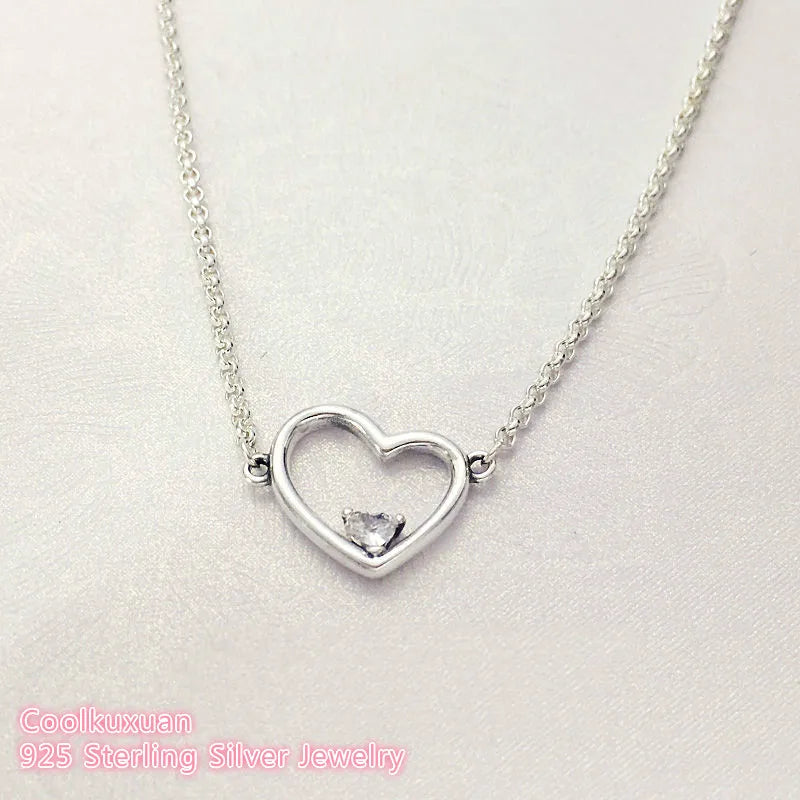 925 Silver Asymmetric Heart of Love Necklace with Clear CZ
