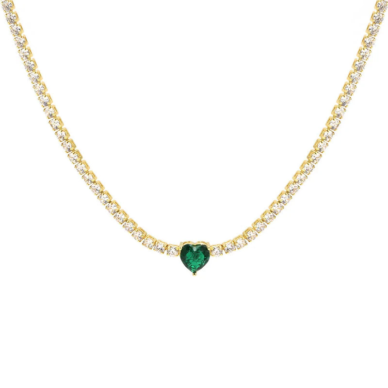 Colorful Heart Stone Choker Necklace 3mm CZ Tennis Chain