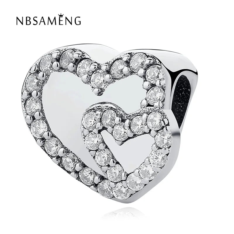 925 Silver Charm Two Heart CZ Crystal Beads Fits Bracelets
