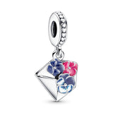 925 Silver Pansy Flower Envelope Dangle Beads Charms Bracelet Necklace