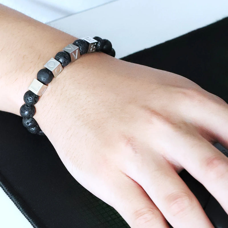 Personalized Volcanic Stone Bracelet with Beaded Alphabet