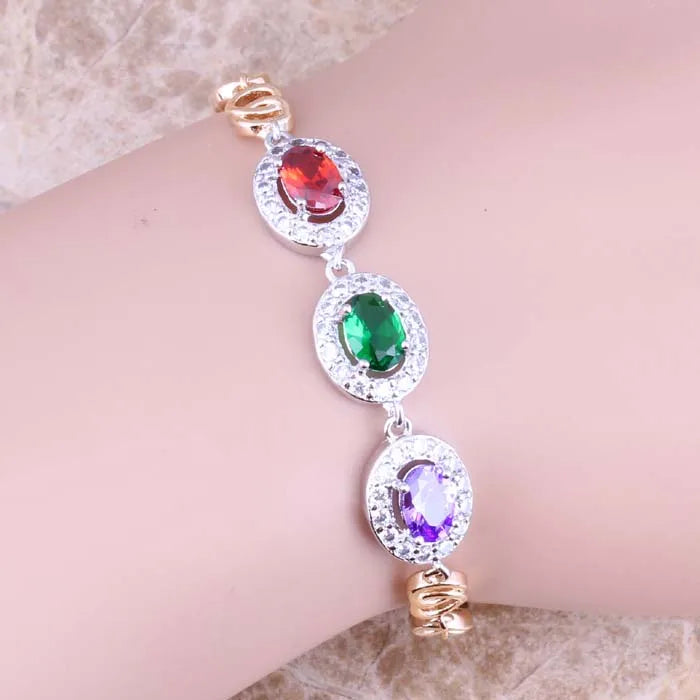 Green Cubic Zirconia Multigem Yellow Plated Link Chain Bracelet