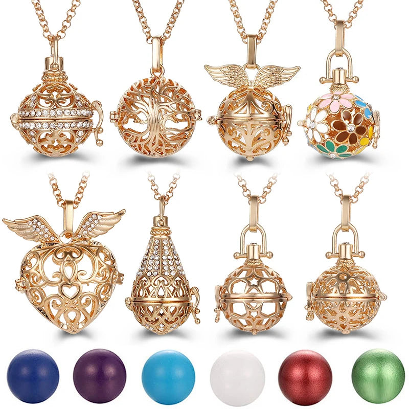 Flowers Zircon Cage Locket Necklace Angel Wings Set