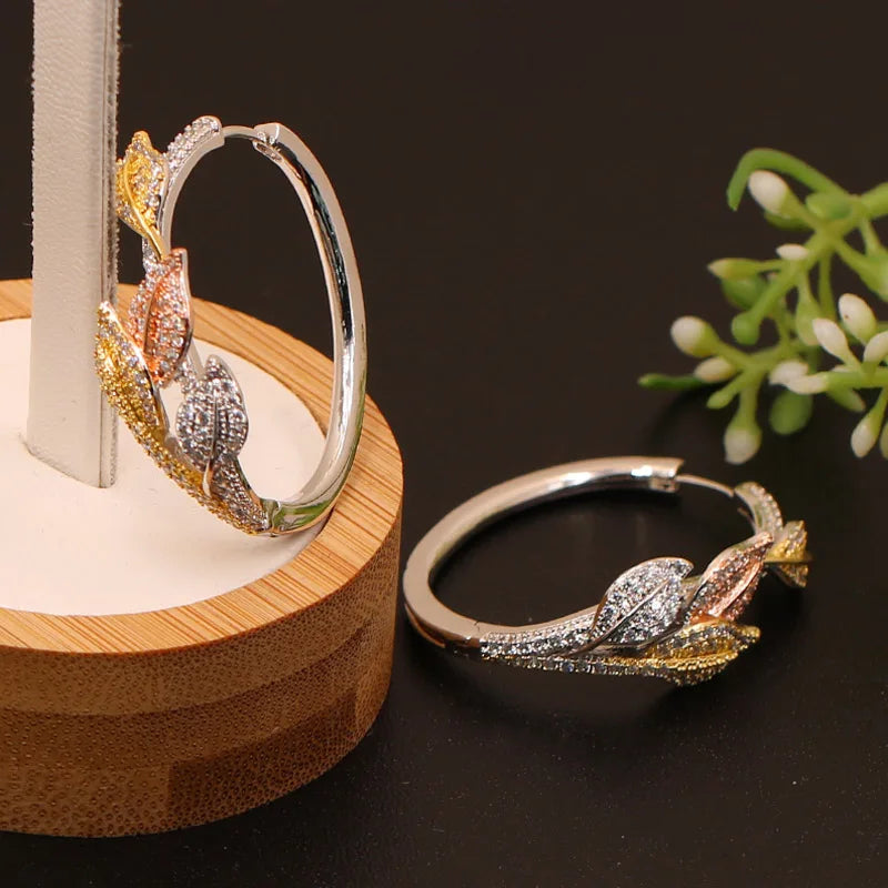 Vanifin Leaf Hoop Earrings Micro Paved Wedding Engagement Bridal Gift
