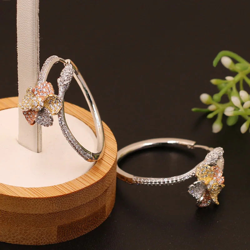 Vanifin Jewelry Flowers Hoop Earrings Micro Paved for Bridal
