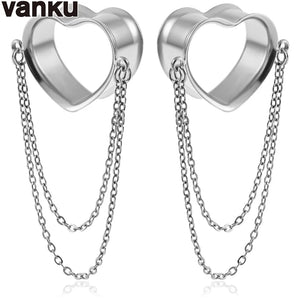 Vanku 2PCS Punk Heart Chain Ear Plugs Tunnels Gauges Body Piercing Jewelry