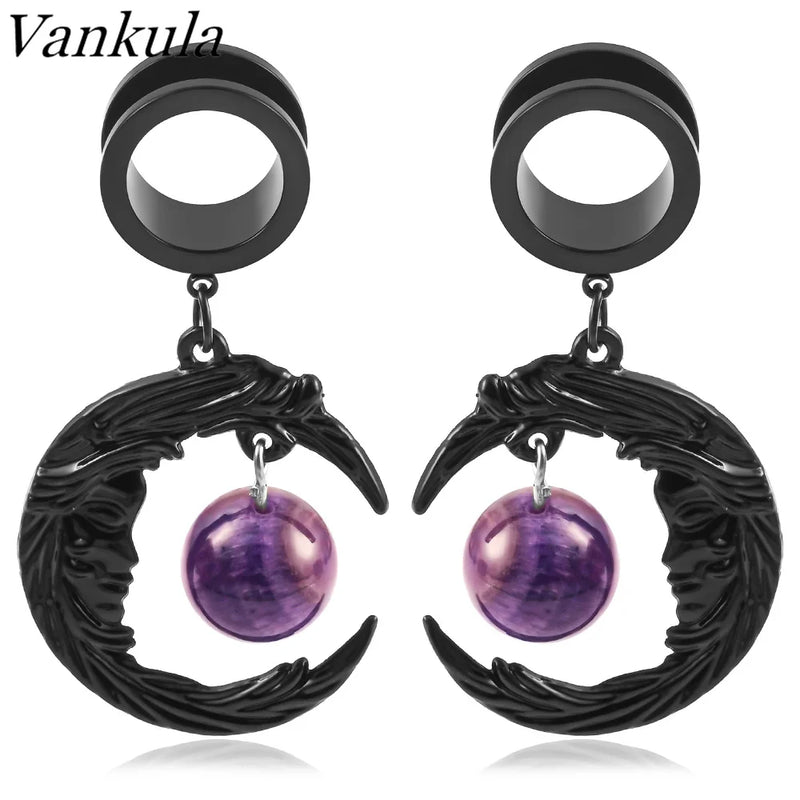 Vankula 2PC Moon Dangle Ear Gauges Stainless Steel Ear Plugs