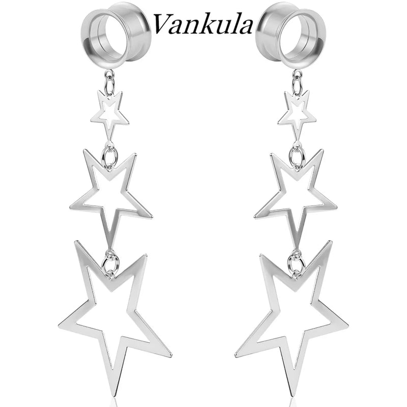 Stainless Steel Star Dangle Ear Plugs Gauges Stretcher 2g 0g Piercing