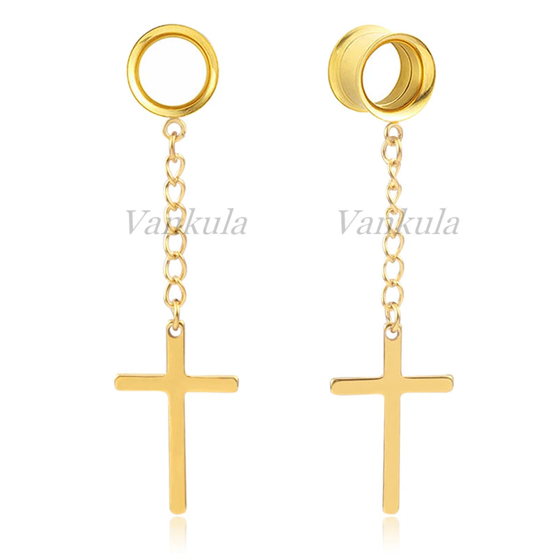 Vankula Cross Dangle Ear Plugs 316L Stainless Steel Hanger Gauges Metal Earrings