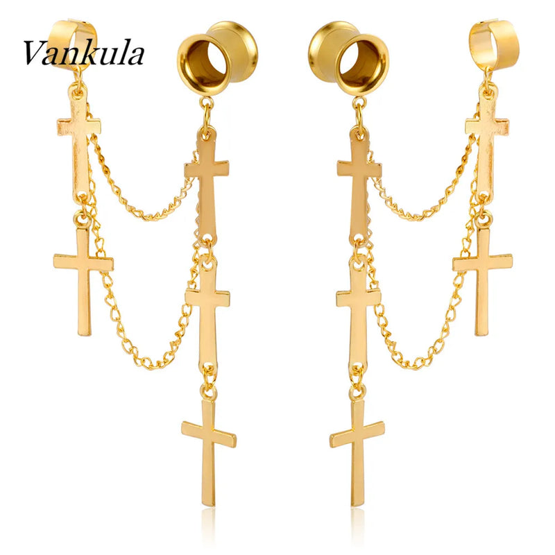 Vankula 2PCS Dangle Earrings Ear Plugs Stainless Steel Gauges Metal Chain Cross