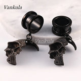 Vankula 2PCS Stainless Steel Ear Plugs Tunnels skull Dangle Earrings
