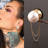 Stainless Steel Ear Gauges Chain Pearl Flared Plugs Tunnel Piercing Body Jewelry