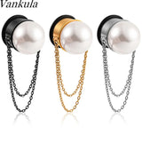 Stainless Steel Ear Gauges Chain Pearl Flared Plugs Tunnel Piercing Body Jewelry