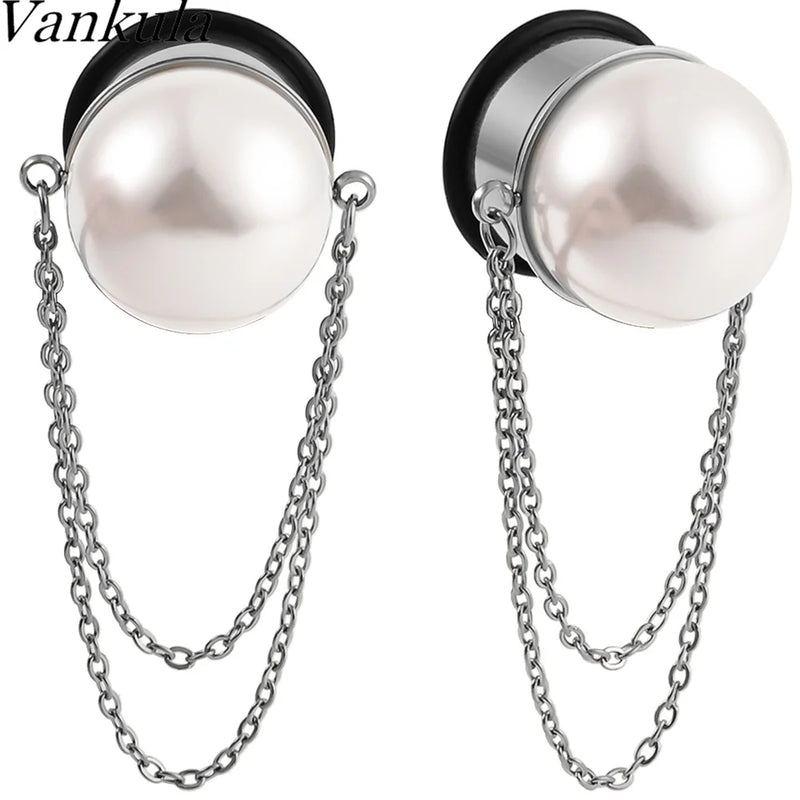 Stainless Steel Ear Gauges Chain Pearl Flared Plugs Tunnel Piercing Body Jewelry