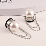 Stainless Steel Ear Gauges Chain Pearl Flared Plugs Tunnel Piercing Body Jewelry