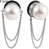 Stainless Steel Ear Gauges Chain Pearl Flared Plugs Tunnel Piercing Body Jewelry