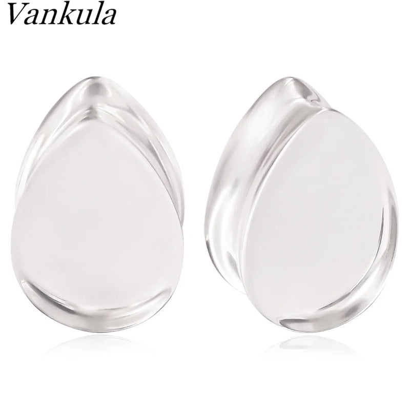 2pcs 6-25mm Water Drop Glass Ear Tunnel Guages Earring Piercing Body Jewelry