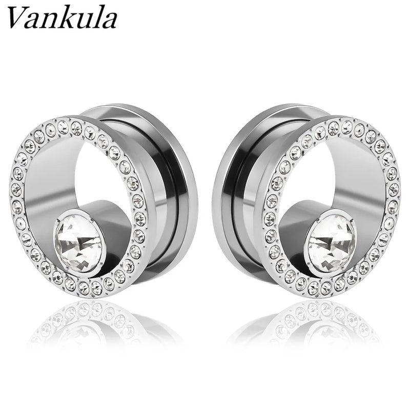 2pcs SS Crystal Zircon Ear Tunnels Plug Flesh Gauge Piercing Jewelry