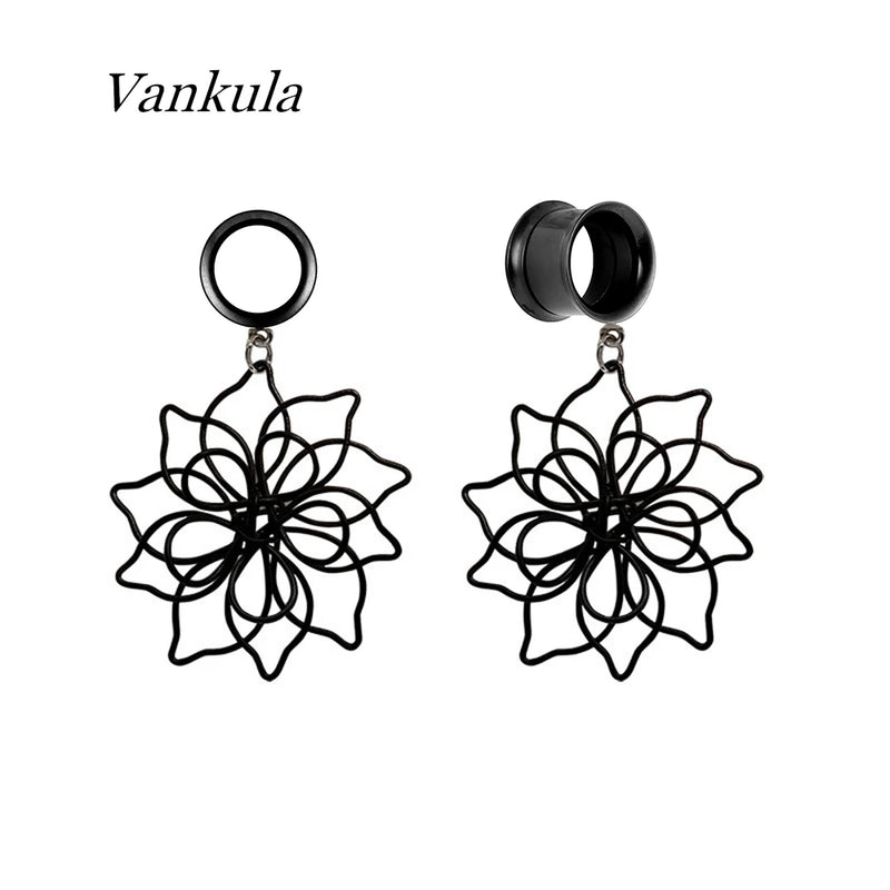 Vankula Hollow Flower Dangle Earrings Plugs Stainless Steel Gauges