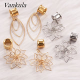 Vankula Hollow Flower Dangle Earrings Plugs Stainless Steel Gauges