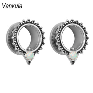 Vankula Opal Ear Piercing Stainless Steel Ear Plugs Screw Ear Tunnels Pair
