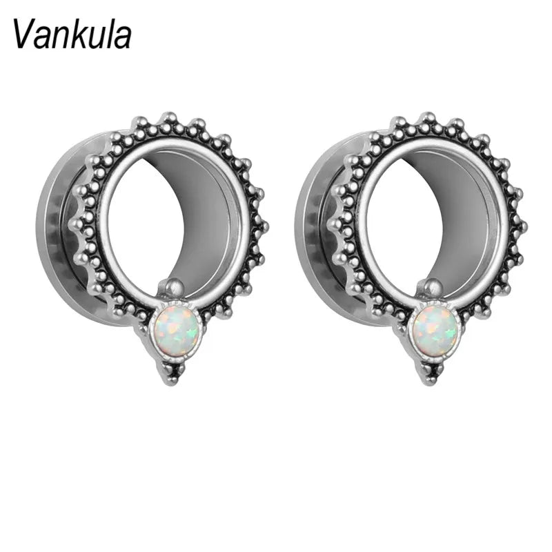 Vankula Opal Ear Piercing Stainless Steel Ear Plugs Screw Ear Tunnels Pair