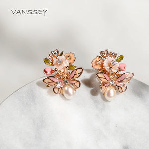 Beetle Flower Enamel Stud Earrings Natural Mother of Pearl Shell Jewelry