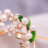 Vintage Branch Flower Leaf Jasmine Natural Pearl Enameled Brass Round Brooch
