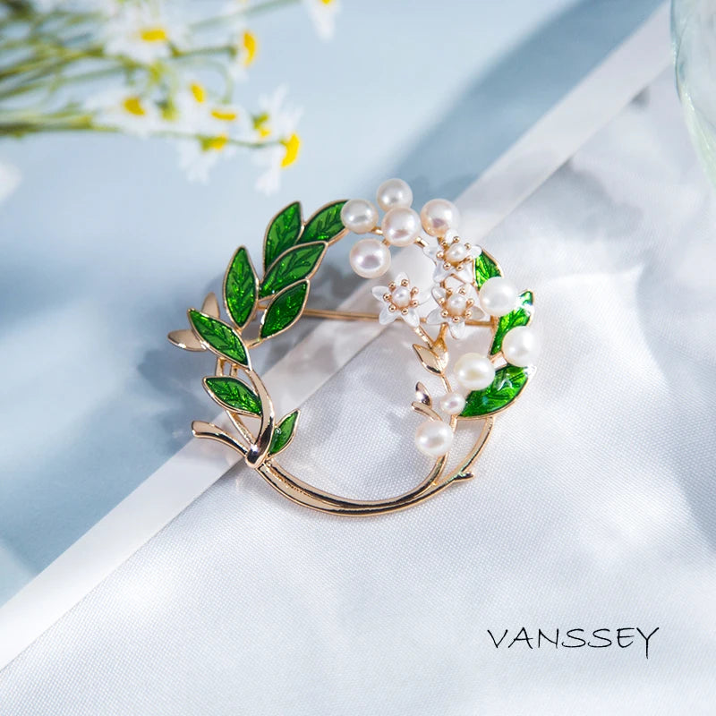 Vintage Branch Flower Leaf Jasmine Natural Pearl Enameled Brass Round Brooch