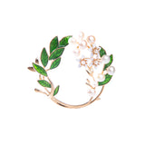 Vintage Branch Flower Leaf Jasmine Natural Pearl Enameled Brass Round Brooch
