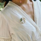 Vintage Branch Flower Leaf Jasmine Natural Pearl Enameled Brass Round Brooch
