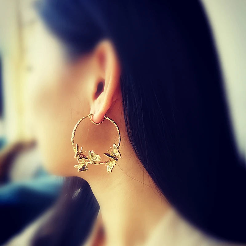 Vintage 3D Butterfly Hoop Earrings for Women