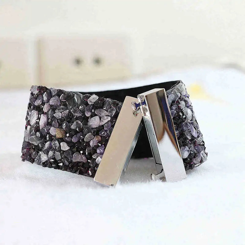 Natural Stone and Rhinestone Velvet Bracelet with Magnetic Clasp
