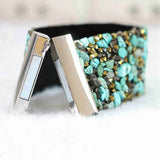 Natural Stone and Rhinestone Velvet Bracelet with Magnetic Clasp