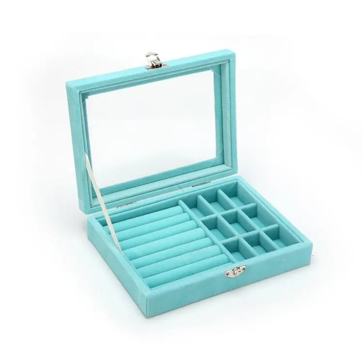 Flocking Jewelry Storage Glass Cover Transparent Dust Proof Ring Earrings Box